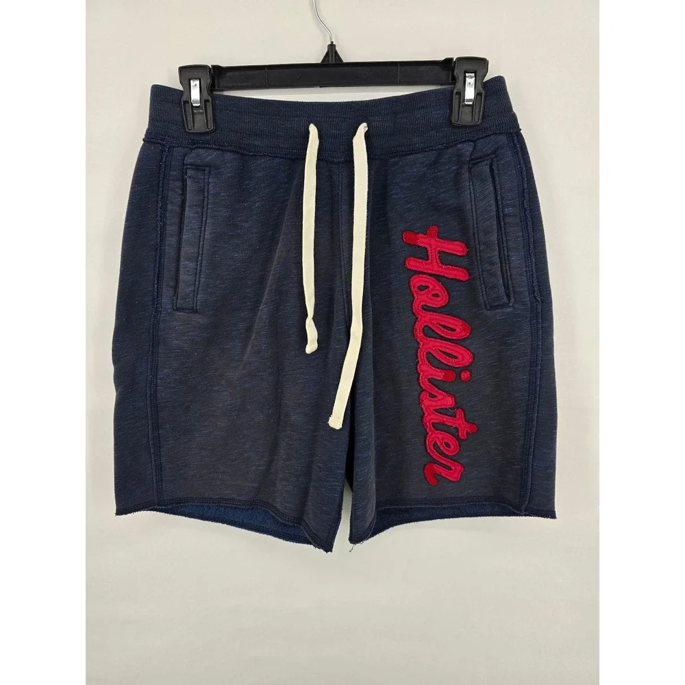 Hollister Mens XS Navy Blue‎ Marl Sweat Shorts Red Embroidered Logo Drawstring